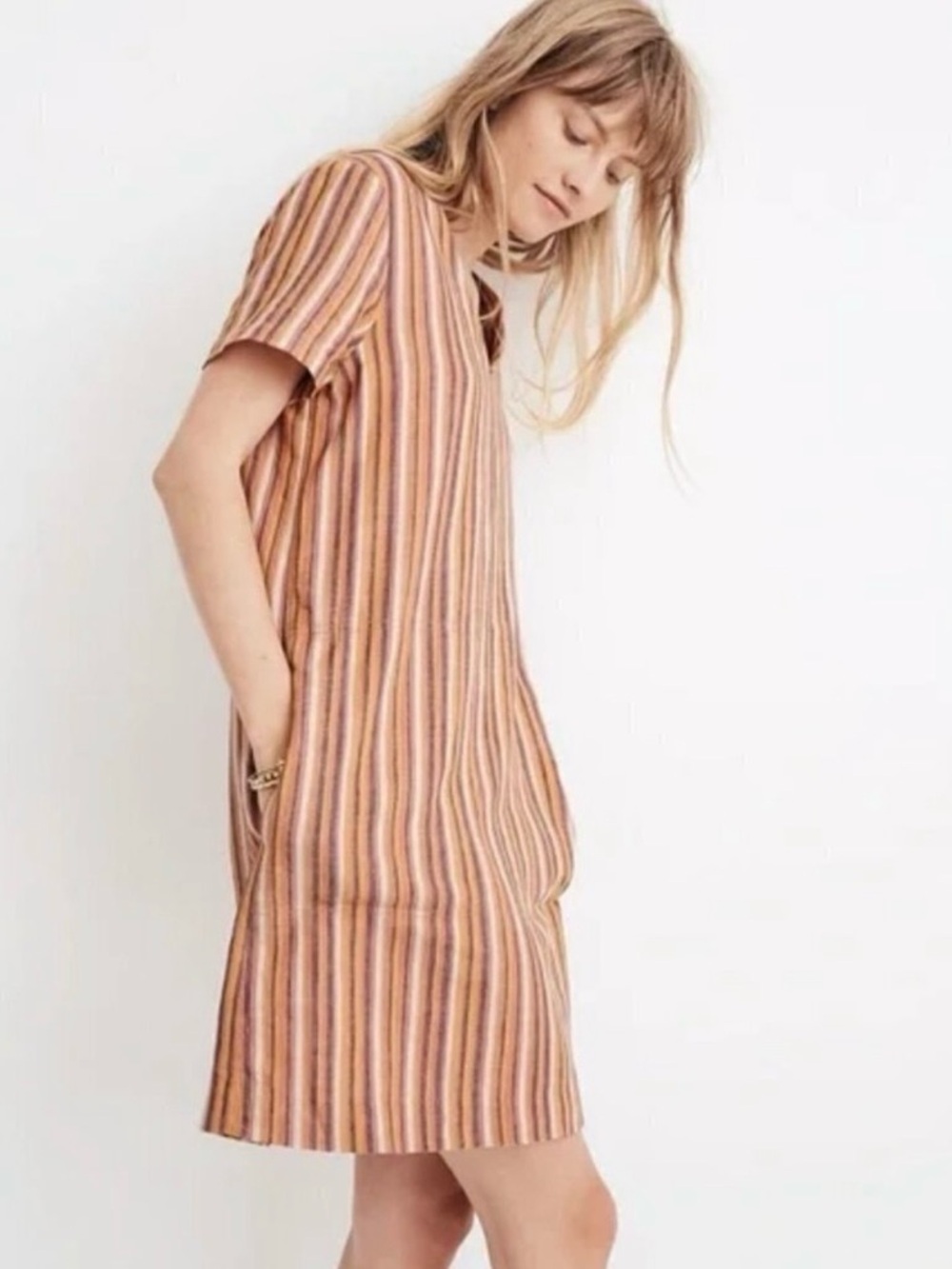Madewell Linen Button-Back Stripped V-neck Short Sleeve Dress - Picture 3 of 11